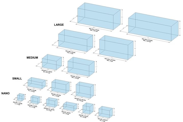 3D images of nano, small, medium and large, rimless aquariums with various sizes and dimensions